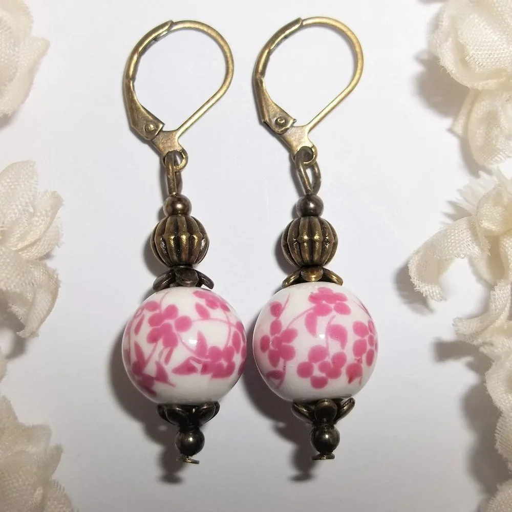 White Pink and Bronze Earrings Floral Flower Gift Idea for Her Jewelry Set 8130